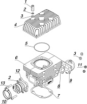 Цилиндровая группа и элементы систем впуска и выпуска снегохода TIKSY
